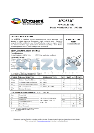 MS2553C datasheet - 35 Watts, 50 Volts Pulsed Avionics 1025 to 1150 MHz