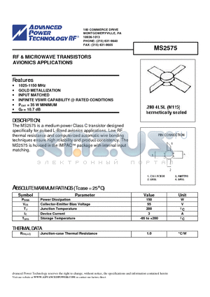 MS2575 datasheet - RF & MICROWAVE TRANSISTORS AVIONICS APPLICATIONS