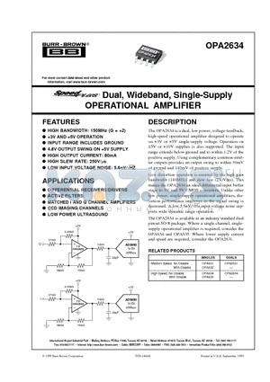 OPA2634 datasheet - Dual, Wideband, Single-Supply OPERATIONAL AMPLIFIER