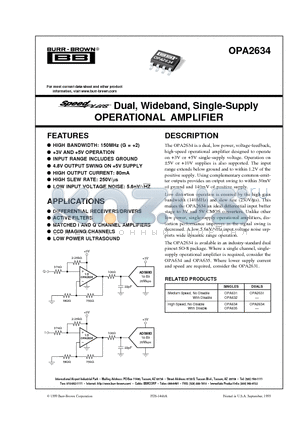OPA2634U datasheet - Dual, Wideband, Single-Supply OPERATIONAL AMPLIFIER