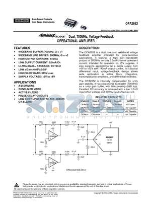 OPA2652E250G4 datasheet - Dual, 700MHz, Voltage-Feedback OPERATIONAL AMPLIFIER