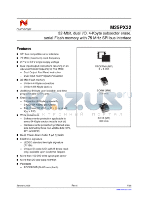 M25PX32 datasheet - 32-Mbit, dual I/O, 4-Kbyte subsector erase, serial Flash memory with 75 MHz SPI bus interface