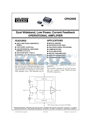 OPA2658E datasheet - Dual Wideband, Low Power, Current Feedback OPERATIONAL AMPLIFIER