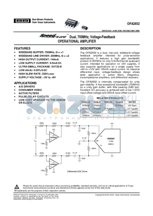 OPA2652U-12K5 datasheet - Dual, 700MHz, Voltage-Feedback OPERATIONAL AMPLIFIER