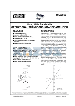 OPA2662 datasheet - Dual, Wide Bandwidth OPERATIONAL TRANSCONDUCTANCE AMPLIFIER