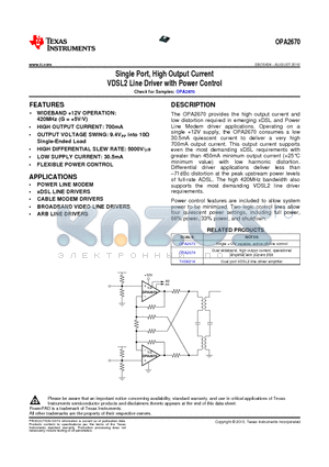 OPA2670 datasheet - Single Port High Output Current VDSL2 Line Driver with Power Control