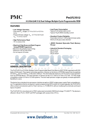 PM37LV512 datasheet - 512 Kbit (64K X 8) Dual-Voltage Multiple-Cycle-Programmable ROM