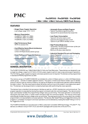 PM39F010-70PC datasheet - 1 Mbit / 2 Mbit / 4 Mbit 5 Volt-only CMOS Flash Memory