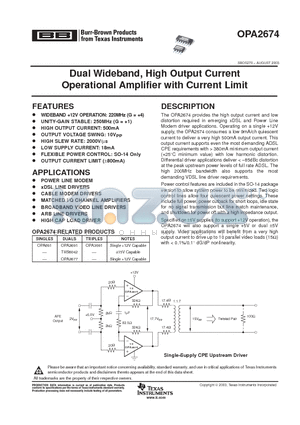 OPA2674I-14DR datasheet - Dual Wideband, High Output Current Operational Amplifier with Current Limit