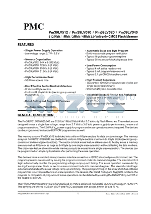 PM39LV010 datasheet - 512 Kbit / 1Mbit / 2Mbit / 4Mbit 3.0 Volt-only CMOS Flash Memory