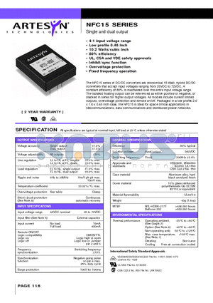 NFC15-48D12 datasheet - Single and dual output 15 Watt Wide input DC/DC converters