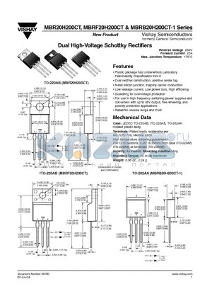 MBRB20H200CT-1 datasheet - Dual High-Voltage Schottky Rectifiers