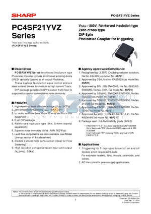 PC4SF21YVZ datasheet - VDRM : 800V, Reinforced insulation type Zero cross type DIP 6pin Phototriac Coupler for triggering