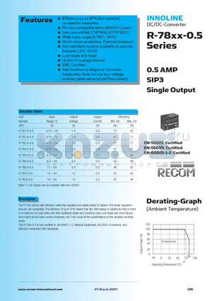 R-7815-0.5L datasheet - 0.5 AMP SIP3 Single Output