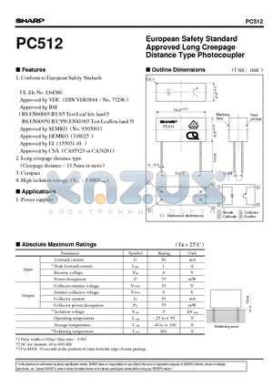 PC512 datasheet - European Safety Standard Approved Long Creepage Distance Type Photocoupler