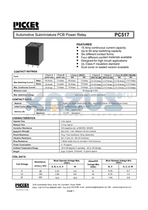 PC517 datasheet - Automotive Subminiature PCB Power Relay