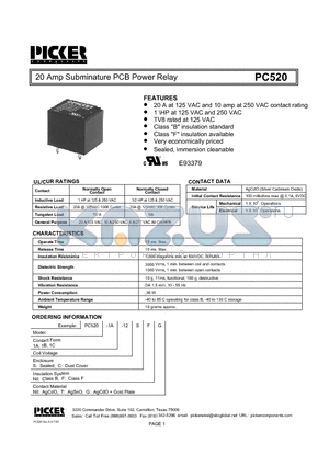 PC520 datasheet - 20 Amp Subminature PCB Power Relay