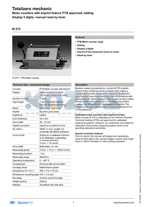 M275 datasheet - Totalizers mechanic