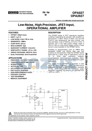 OPA2827A datasheet - Low-Noise, High-Precision, JFET-Input, OPERATIONAL AMPLIFIER
