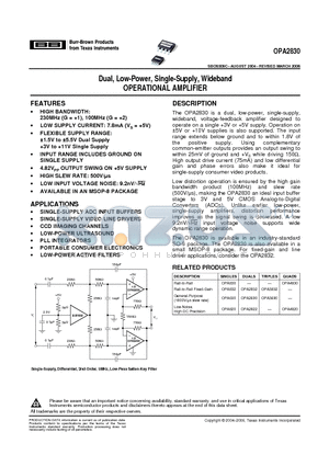 OPA2830ID datasheet - Dual, Low-Power, Single-Supply, Wideband OPERATIONAL AMPLIFIER