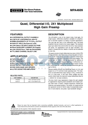 OPA2846 datasheet - Quad, Differential I/O, 2X1 Multiplexed High Gain Preamp