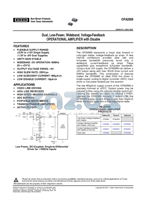 OPA2889IDGSR datasheet - Dual, Low-Power, Wideband, Voltage Feedback OPERATIONAL AMPLIFIER with Disable