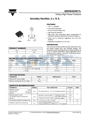 MBRB3030CTLTRR datasheet - Schottky Rectifier, 2 x 15 A