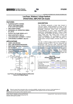 OPA2890 datasheet - Low-Power, Wideband, Voltage-Feedback OPERATIONAL AMPLIFIER with Disable