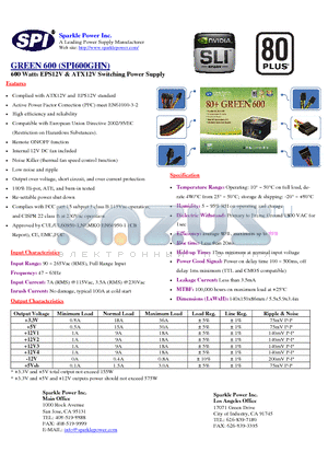 R-SPI600GHN datasheet - 600 Watts EPS12V & ATX12V Switching Power Supply