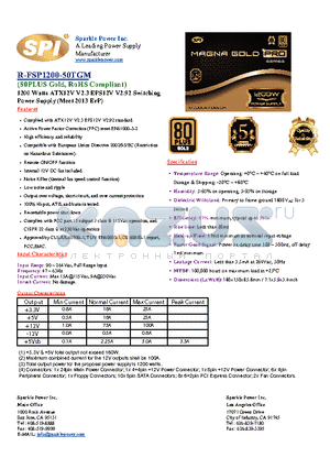 R-FSP1200-50TGM datasheet - 1200 Watts ATX12V V2.3 EPS12V V2.92 Switching Power Supply