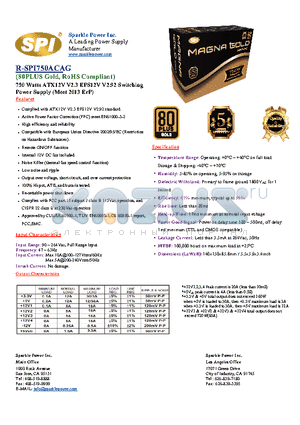 R-SPI750ACAG datasheet - 750 Watts ATX12V V2.3 EPS12V V2.92 Switching Power Supply