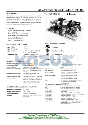 PM40-25AL datasheet - 40 WATT MEDICAL POWER SUPPLIES