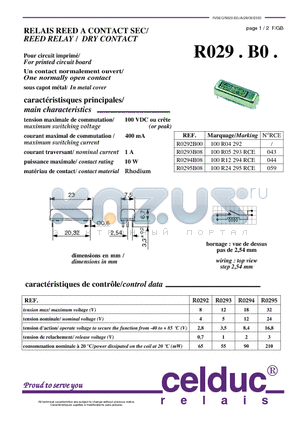 R0294B08 datasheet - REED RELAY /  DRY CONTACT