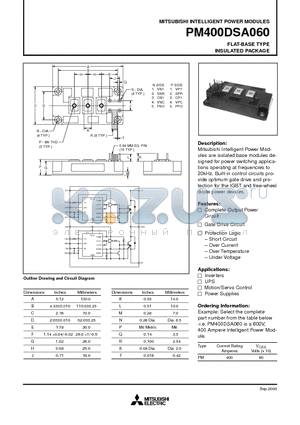 PM400DSA060 datasheet - INTELLIGENT POWER MODULES FLAT-BASE TYPE INSULATED PACKAGE