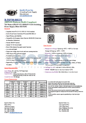 R-FSP700-80ETN datasheet - 700 Watts ATX12V V2.3 EPS12V V2.92 Switching Power Supply