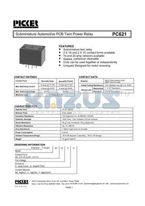 PC621 datasheet - Subminiature Automotive PCB Twin Power Relay