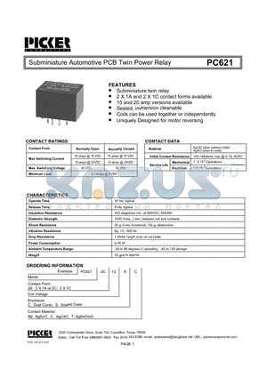 PC6212A-12SC datasheet - Subminiature Automotive PCB Twin Power Relay