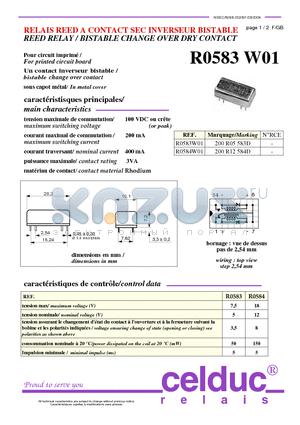 R0583W01 datasheet - REED RELAY / BISTABLE CHANGE OVER DRY CONTACT