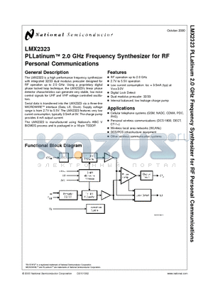 LMX2323 datasheet - PLLatinum 2.0 GHz Frequency Synthesizer for RF Personal Communications
