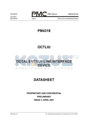 PM4318 datasheet - OCTAL E1/T1/J1 LINE INTERFACE DEVICE