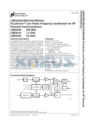 LMX2316 datasheet - PLLatinum Low Power Frequency Synthesizer for RF Personal Communications