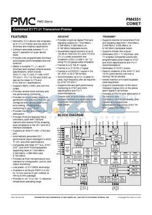 PM4351 datasheet - COMBINED E1/T1 TRANSCEIVER