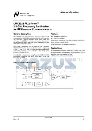 LMX2322 datasheet - PLLatinumTM 2.0 GHz Frequency Synthesizer for RF Personal Communications