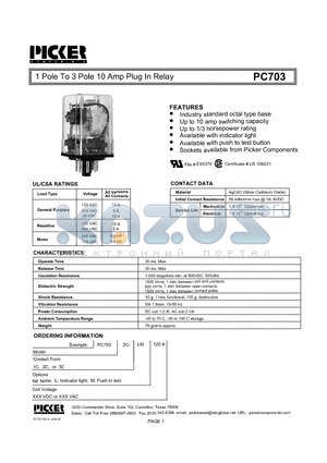 PC7031C-12L datasheet - 1 Pole To 3 Pole 10 Amp Plug In Relay