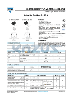 MBRB4045CTPBF datasheet - Schottky Rectifier, 2 x 20 A