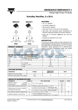 MBRB4045CTTRL datasheet - Schottky Rectifier, 2 x 20 A