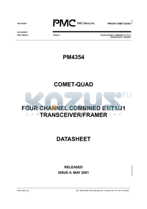 PM4354-PI datasheet - FOUR CHANNEL COMBINED E1/T1/J1 TRANSCEIVER/FRAMER