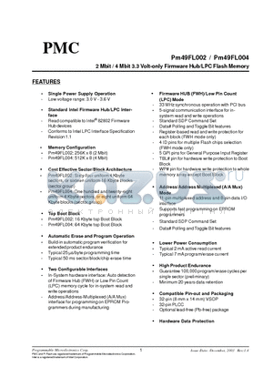 PM49FL004T-33VC datasheet - 2 Mbit / 4 Mbit 3.3 Volt-only Firmware Hub/LPC Flash Memory