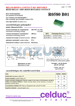 R0580B01 datasheet - REED RELAY / DRY REED BISTABLE CONTACT