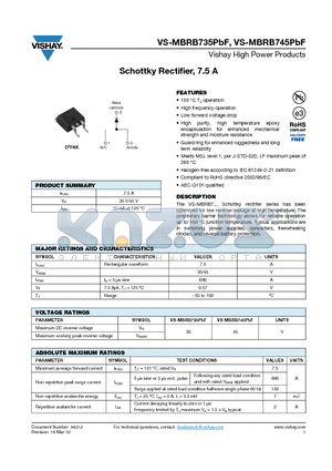 MBRB745PBF datasheet - Schottky Rectifier, 7.5 A